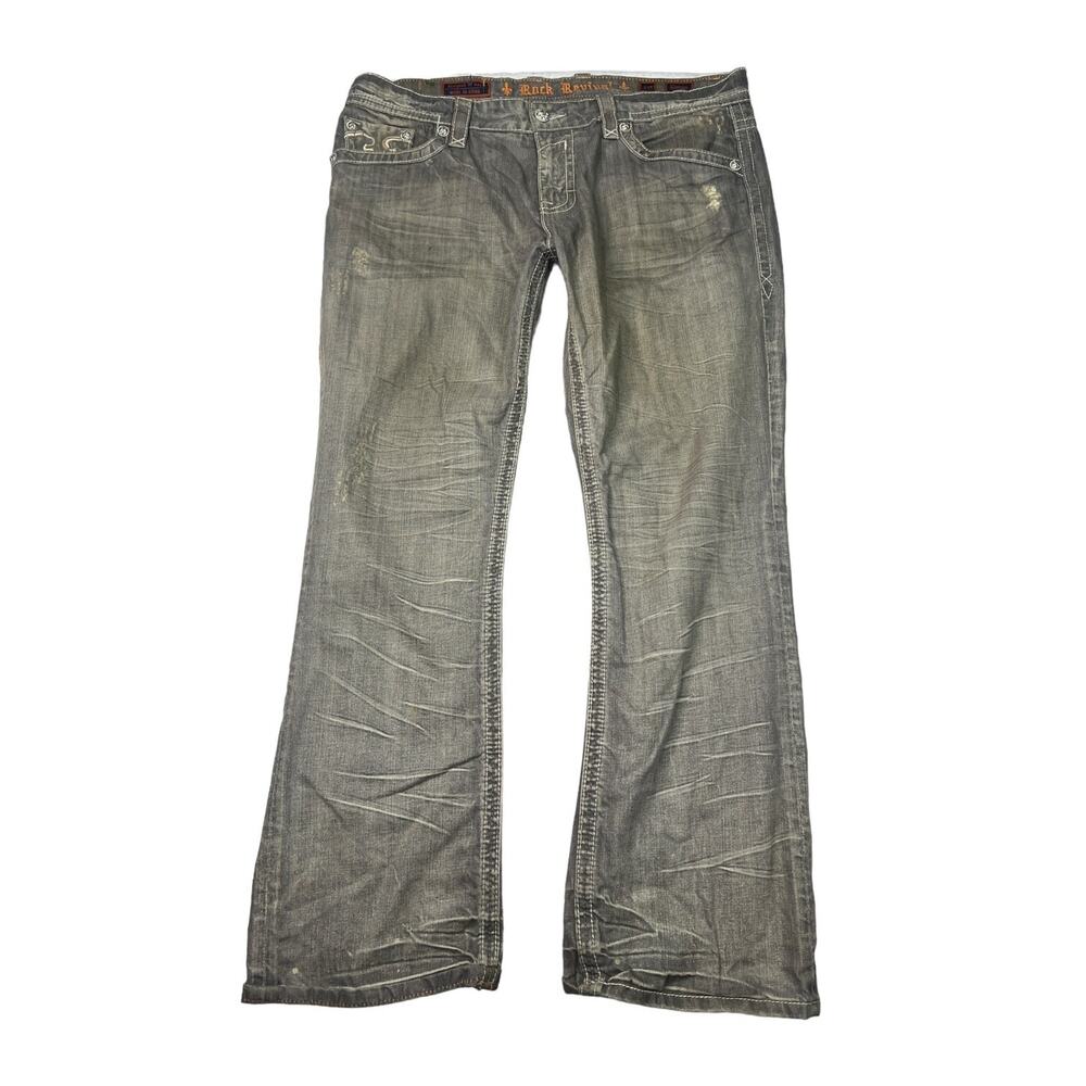 Rock Revival Nathan Distressed Straight Leg Jeans Y2K Fleur Pockets Gray 40x33